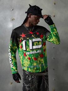 NEON BLANC Camiseta de manga larga con cuello redondo y gráfico de letras, estilo urbano para hombre, otoño - Verde Oscuro - Ver 2