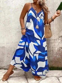 Linhara Plus Size Women's Floral Print A-Line Loose Fit Casual Maxi Dress, Suitable For Vacation And Daily Wear