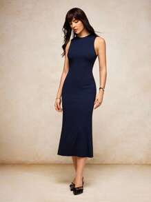 House of One Rib Knit Sleeveless Midi Slim Dress Women Spring Summer Autumn Fall Women Clothes Old Money Elegant Casual Dress Fall Outfits Business Professional Women Business Casual Woman