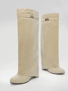 Solezae 女式日常休闲锁扣装饰仿麂皮舒适厚底高跟坡跟靴