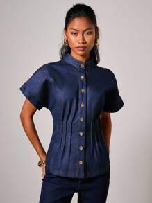 COSMINA Women's Stand Collar Batwing Sleeve Fashionable Denim Effect Waist Top - Blue - View 8