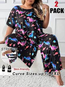 SHEIN CURVE+ Plus Size Color Gradient Dinosaur Short Sleeved Pants Set