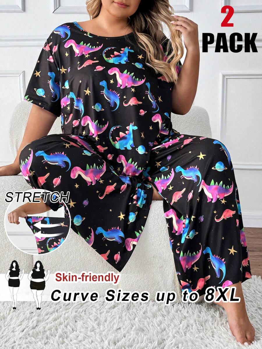 SHEIN CURVE+ Plus Size Color Gradient Dinosaur Short Sleeved Pants Set