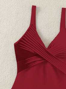 Swim Vcay 1pc Women's Striped Criss-Cross Front One-Piece Swimsuit, Vacation Wear For Summer - Red - View 5