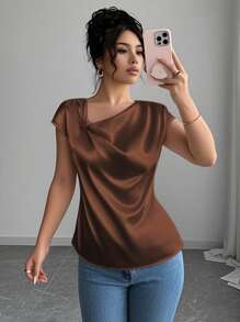 Franclia Áo sơ mi nữ kiểu Pháp có nơ, cổ áo bất đối xứng màu mơ - màu nâu - Xem 4