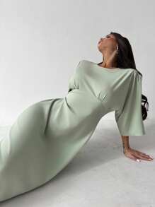 Firerie 女士优雅休闲日常通勤度假办公绿色圆领短袖系带A字X型中长连衣裙，适合度假、海滩、夏季穿着 - 綠色 - 查看 7