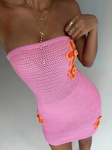 Aloruh Women's Contrast Color 3D Floral Halter Knit Dress, Suitable For Spring/Summer Vacation - Pink - View 3