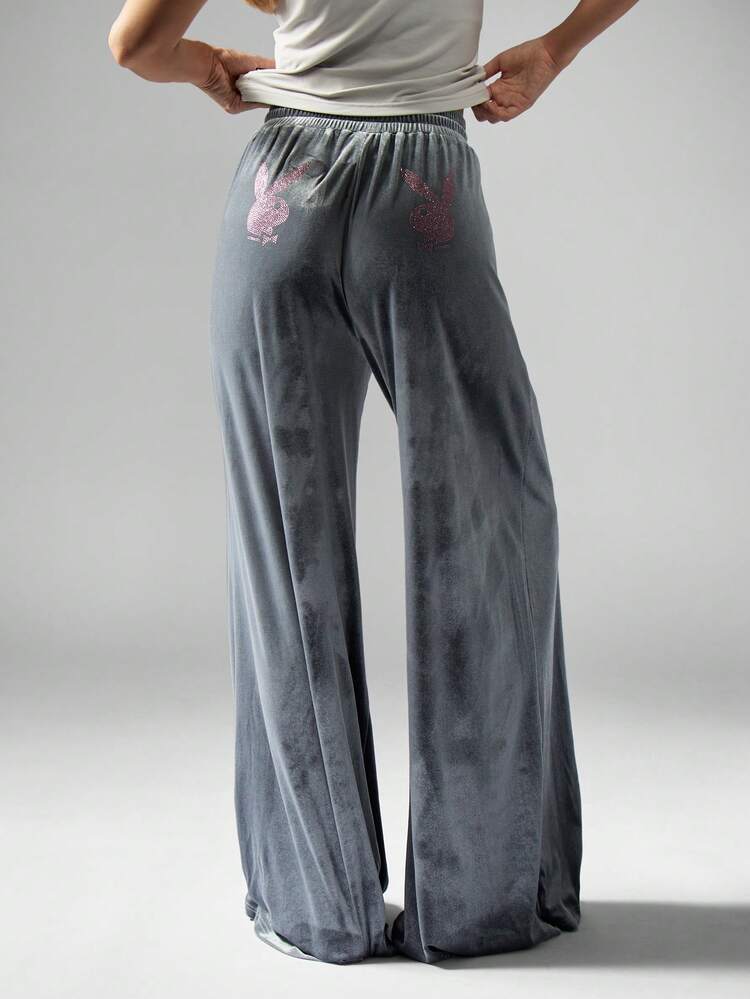 Missguided x Playboy Luxurious Velvet Wide Leg Palazzo Pants With Drawstring Waist Lounge Wear Winter Comfort Bottoms