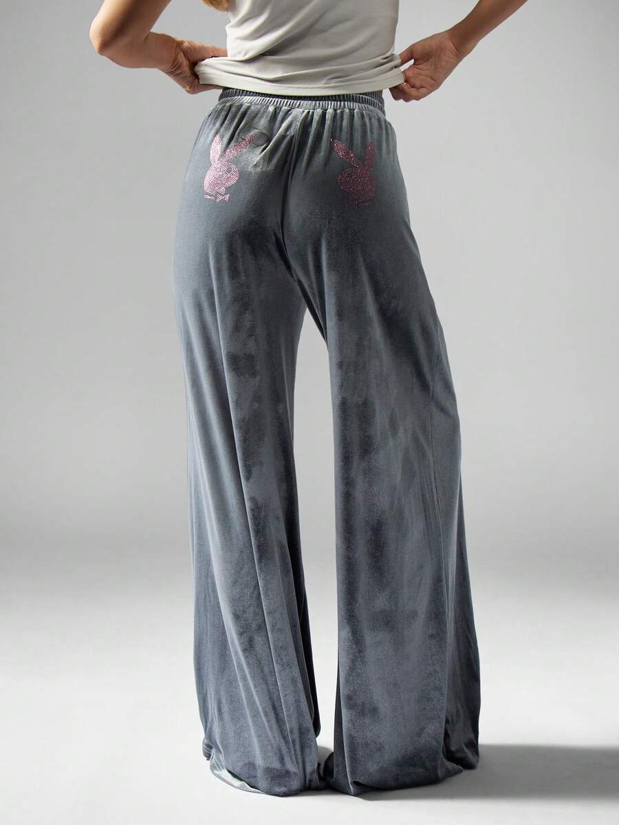 Missguided x Playboy 奢华天鹅绒阔腿裤，腰部抽绳，休闲装，冬季舒适裤装 - 深灰色 - 查看 1