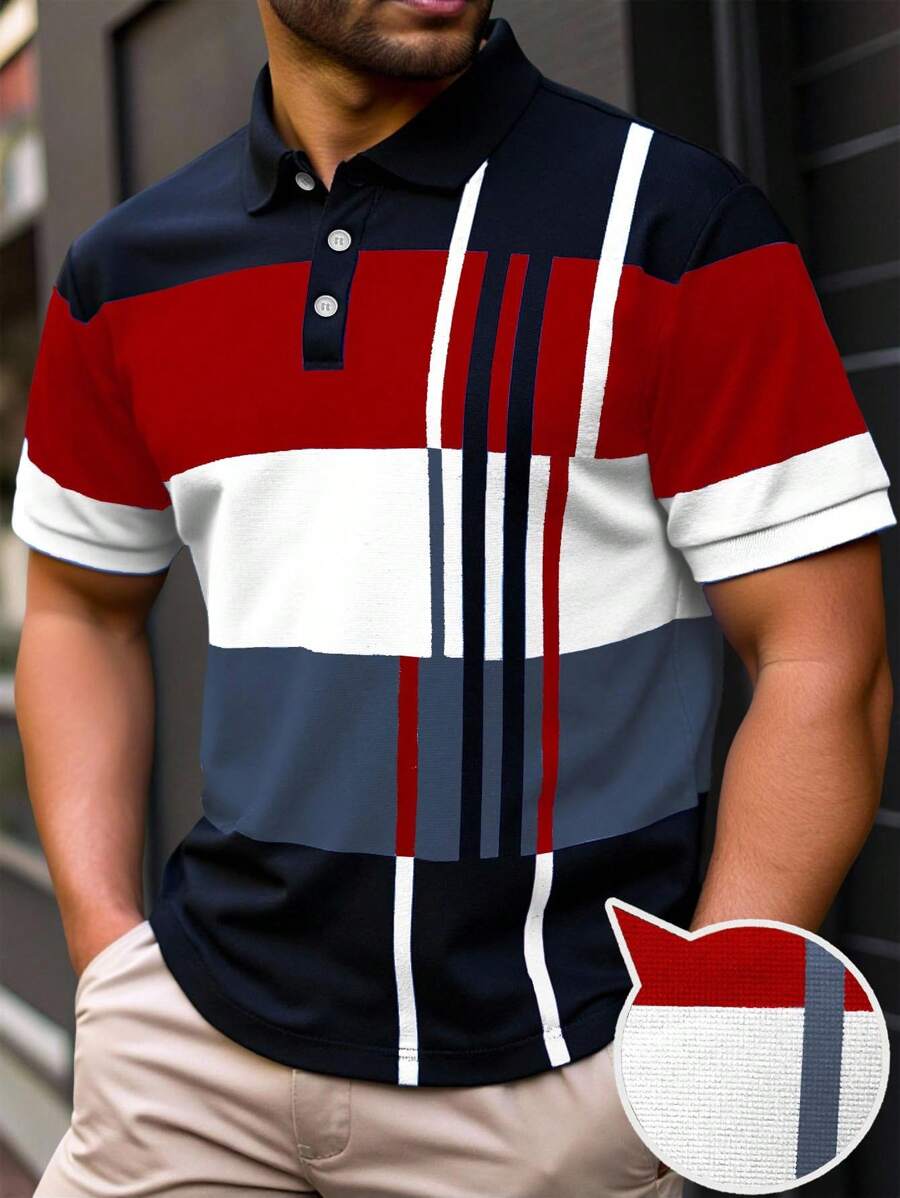 Manfinity Homme Plus Size Men's Colorblock Stripe Print Short Sleeve Casual Polo Shirt - Red - View 1
