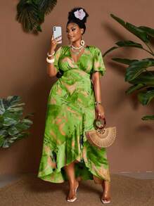 Maweii 大码扎染印花荷叶边下摆休闲度假连衣裙