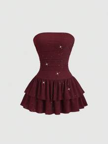 Sweetra 全新闪亮面料优雅通勤休闲蛋糕下摆露肩束腰迷你连衣裙，夏季 - 酒紅色 - 查看 1