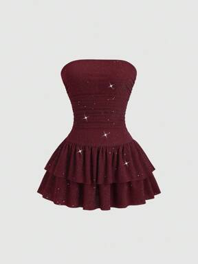 Sweetra Nuovo abito mini elegante e casual con vita stretta, senza spalline, con orlo a torta in tessuto lucido, adatto per l'estate