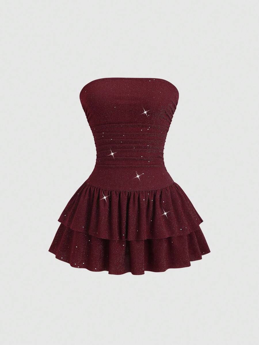 Sweetra 全新闪亮面料优雅通勤休闲蛋糕下摆露肩束腰迷你连衣裙，夏季 - 酒紅色 - 查看 1