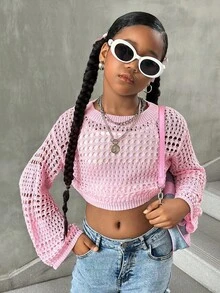 SHEIN 青少年女孩纯色简约镂空圆领套头连帽衫 - 淺粉色 - 查看 4