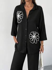 EURMUSE Donna, autunno, set di due pezzi, nero, ricamato, lunghezza regolare, camicia a maniche corte, pantalone a gamba ampia di lunghezza lunga - nero - Visualizzare 4