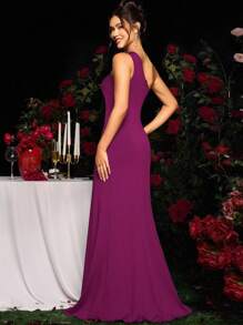 Coutiva Elegant Party Rhinestone Embellished One-Shoulder High Slit Formal Dress - Violet Purple - View 2