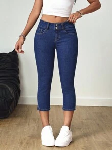SHEIN Tall Casual Elastic Waist Cuffed Ankle Skinny Jeans, Tall Women - Dark Wash - View 6
