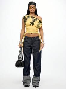 SUMWON WOMEN Turn-Up Wide Leg Raw Denim Jeans With Cuffed Hem Detail Vintage-Inspired High Rise Classic Street Style Fashion Y2K - Blue - View 5