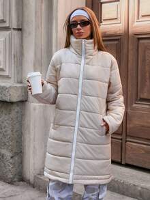 EURMUSE Women's Casual Everyday Simple Solid Color High Collar Zip-Up Long Padded Coat, Winter - Beige - View 7
