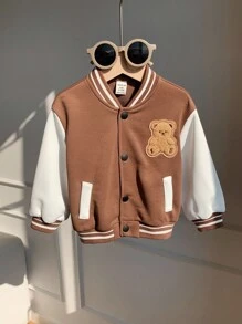 SHEIN 男童女童舒适休闲百搭可爱熊刺绣撞色拼接经典卡其色棒球夹克，适合室内、户外、日常、运动、玩耍、派对、拍照、度假、返校、街头服饰、秋冬 - 卡其色 - 查看 4