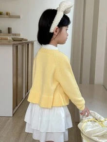 SHEIN Young Girl Casual Cardigan With Bow & Floral Decor, Ruffle Hem Front Button Knit School To Cute Tops Graphic Yellow Cardigan Sweaters With Button For Spring, Fall/Winter - Yellow - View 8