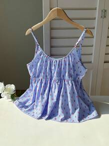 INAWLY 女式夏季休闲度假蝴蝶结装饰格纹印花娃娃领吊带上衣 - 藍色 - 查看 2