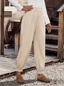 LanaWest Women's Corduroy Casual Loose Elastic Waist 3/4 Pants, Elastic Leg Openings, Suitable For Daily Wear Fall Cloth For Women - Beige - View 3