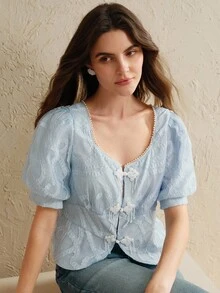 Anewsta Áo sơ mi cài nút cổ ngọc trai tay bồng cho nữ, phong cách mùa hè mới - Màu xanh lam - Xem 4