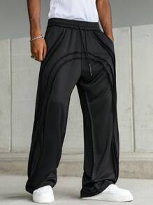 PAVTROS 男士年轻街头风格做旧开放式双层毛边拱形结构宽松阔腿运动裤，松紧腰针织运动裤带有微妙的做旧细节，休闲街头风格，适合日常休闲时尚穿着，适合作为节日礼物黑色运动裤黑色慢跑裤男士黑色裤子宽松运动裤男士黑色宽松运动裤男士阔腿裤男士宽松裤男士运动裤男士运动裤宽松运动裤男士 - 黑色 - 查看 3