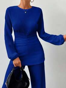 EURMUSE Women's Solid Color Round Neck Lantern Sleeve Ruched Waist Top And Wide Leg Pants Fashion 2 Pieces Set - Navy Blue - View 4