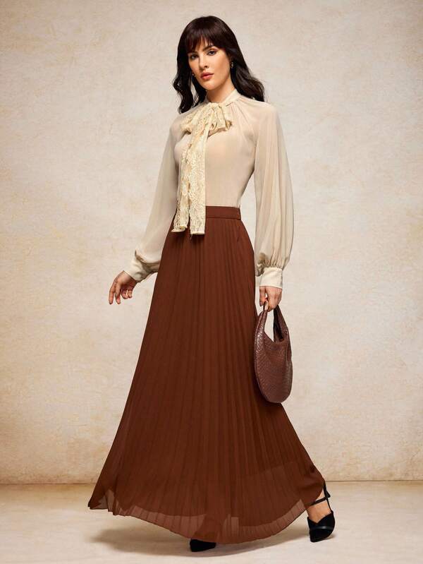 House of One Lace Bowknot Fastening Oversized Bishop Sleeves Chiffon Blouse Women Elegant Casual Blouse Fall Women Clothes Old Money