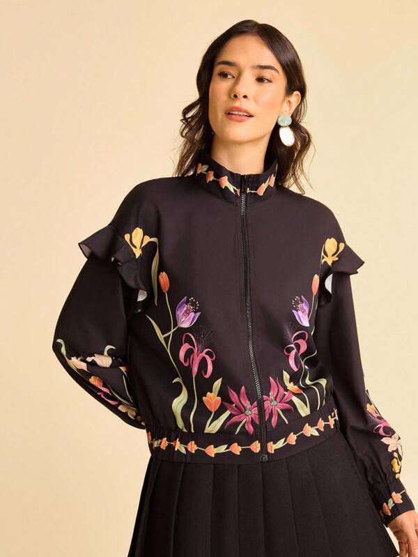 CAJUNI Veste longue à manches longues, style bohème, imprimé floral, avec volants aux épaules, pour vacances et tenue décontractée