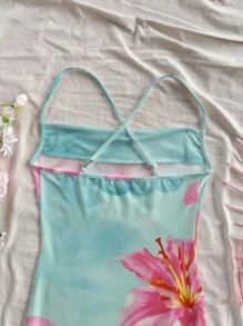 Soleia 休闲度假海滩风格绿色和粉色百合与芙蓉扎染印花图案女式长裙，适合夏季和海滩 - 彩色 - 查看 7