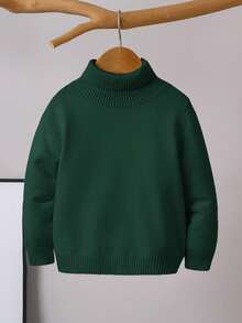 SHEIN 1 pieza Suéter holgado de cuello alto versátil de unicolor cómodo para niños pequeños, se puede usar como capa base o prenda exterior - Verde Oscuro - Ver 4