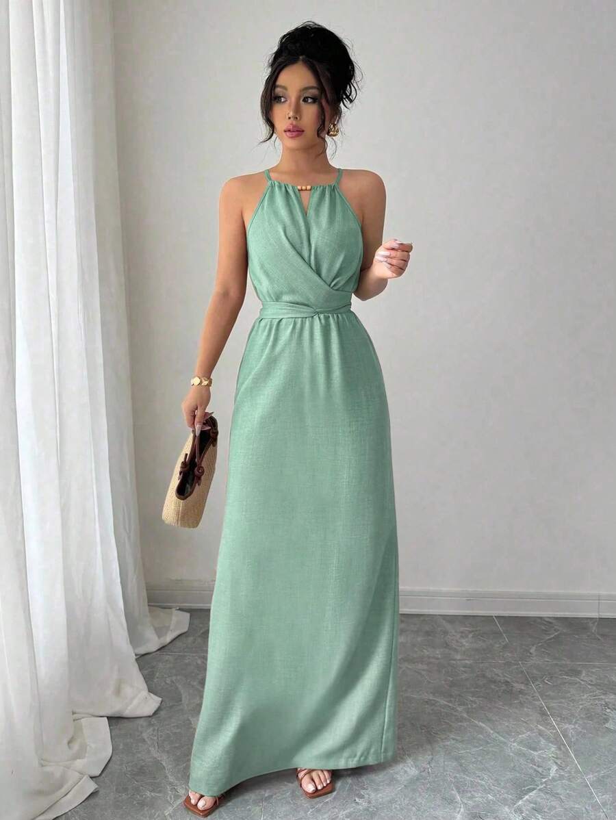 Elenzga 女式春夏优雅休闲卡其色褶皱面料吊带串珠抽绳腰部纽扣长裙 - 綠色 - 查看 1