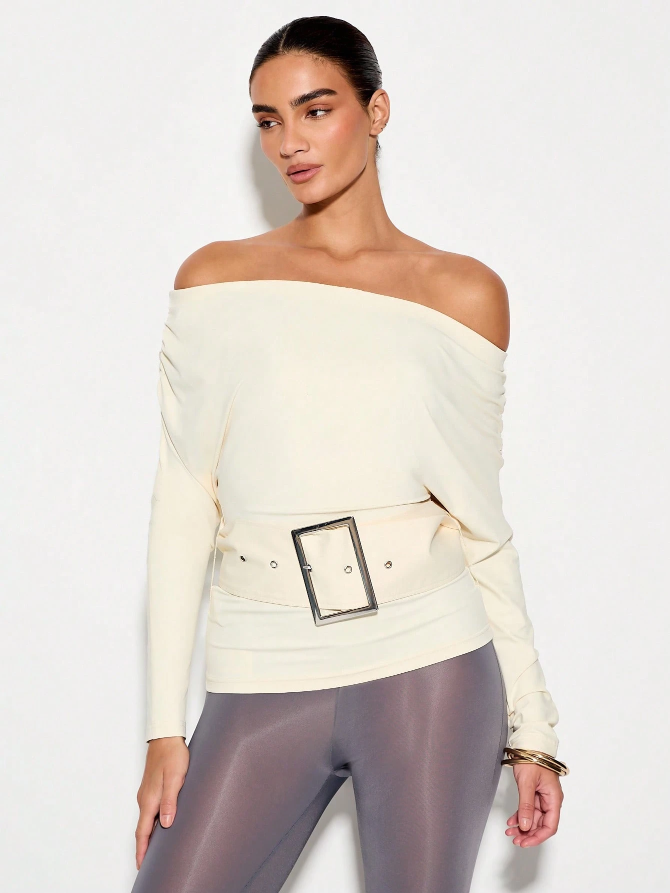 KIZN Off Shoulder Ruched Blouse With Wide Belt