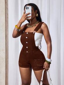 SHEIN SXY Quần yếm denim rách màu trơn thời trang mùa hè - Cà phê nâu - Xem 2
