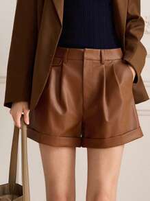 Briarwyn Shorts de mujer minimalistas y casuales de unicolor, de PU con pliegues y bajo enrollado, ropa de otoño, ropa de vuelta al colegio, ropa vintage para mujer, estilo old money para mujer, atuendos de profesora para mujer