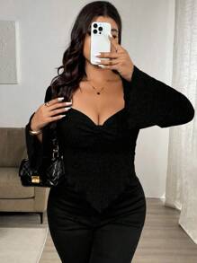 Vionelle Áo thun cổ tròn màu đen thanh lịch cỡ lớn, chất liệu vải dệt kim mềm mại, phù hợp với mọi mùa. Áo thun dệt kim gân đen tay dài màu đen. Áo thun dệt kim đen dành cho nữ màu đen. - màu đen - Xem 6