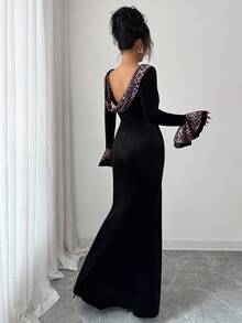 Elenzga Vestido elegante y romántico para mujer con cuello redondo, puños con volantes y estampado de leopardo en patchwork