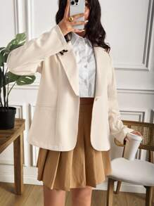 SHEIN Cottnline Plus Size Women's Solid Color Lapel NeckLong Sleeve Single Button Casual Blazer - Beige - View 3