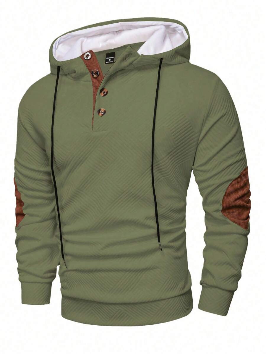 Manfinity Homme Men's Casual Versatile Contrast Color Patchwork Hoodie Sweatshirt Casual , Fall, Long Sleeve Top - Army Green - View 1