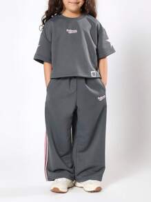 SUMWON 加州系列宽松运动衫，星袖印花，女童宽腿运动裤，休闲秋冬休闲装 - 灰色 - 查看 1