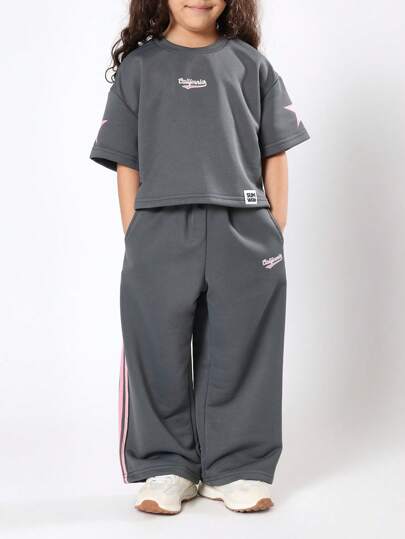 SUMWON 加州系列宽松运动衫，星袖印花，女童宽腿运动裤，休闲秋冬休闲装