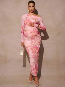 MaterniChic 2 件孕妇套装：极简印花不对称领口长袖上衣和裙子