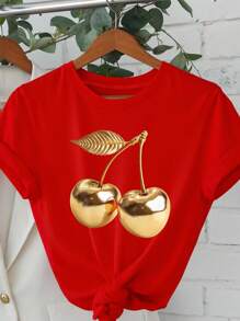 EMERY ROSE Plus Size Gold Cherry Print Round Neck Short Sleeve T-Shirt - Red - View 1