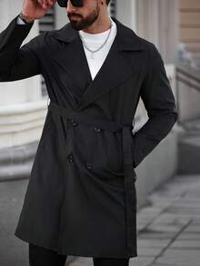 Manfinity Homme Men's Casual Versatile Solid Color Black Double-Breasted Trench Coat, Old Money , Fall - Black - View 3