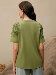 Anewsta Women's Elegant Modern Loose Round Neck T-Shirt Top With Embroidered Applique Design, Summer