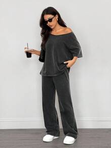 SHEIN PETITE 2pcs Women Casual Distressed Washed Loose Oblique Shoulder T-Shirt And Pants Set - Black - View 4